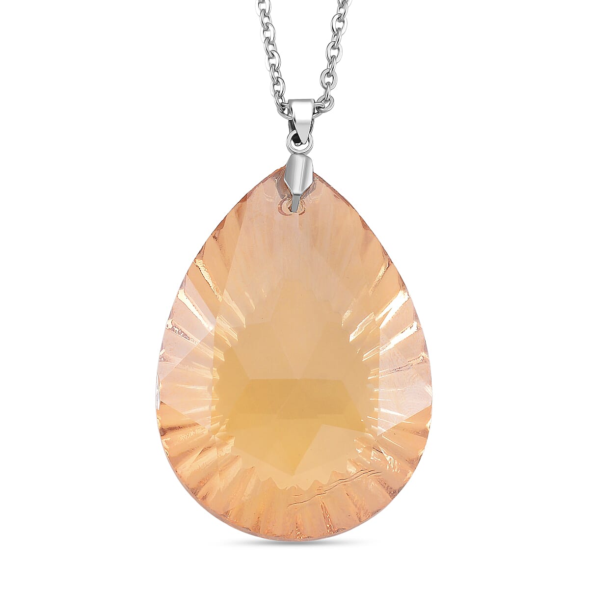 Champagne Color Crystal Pear Solitaire Pendant with Chain (Size 24) in Silver Tone