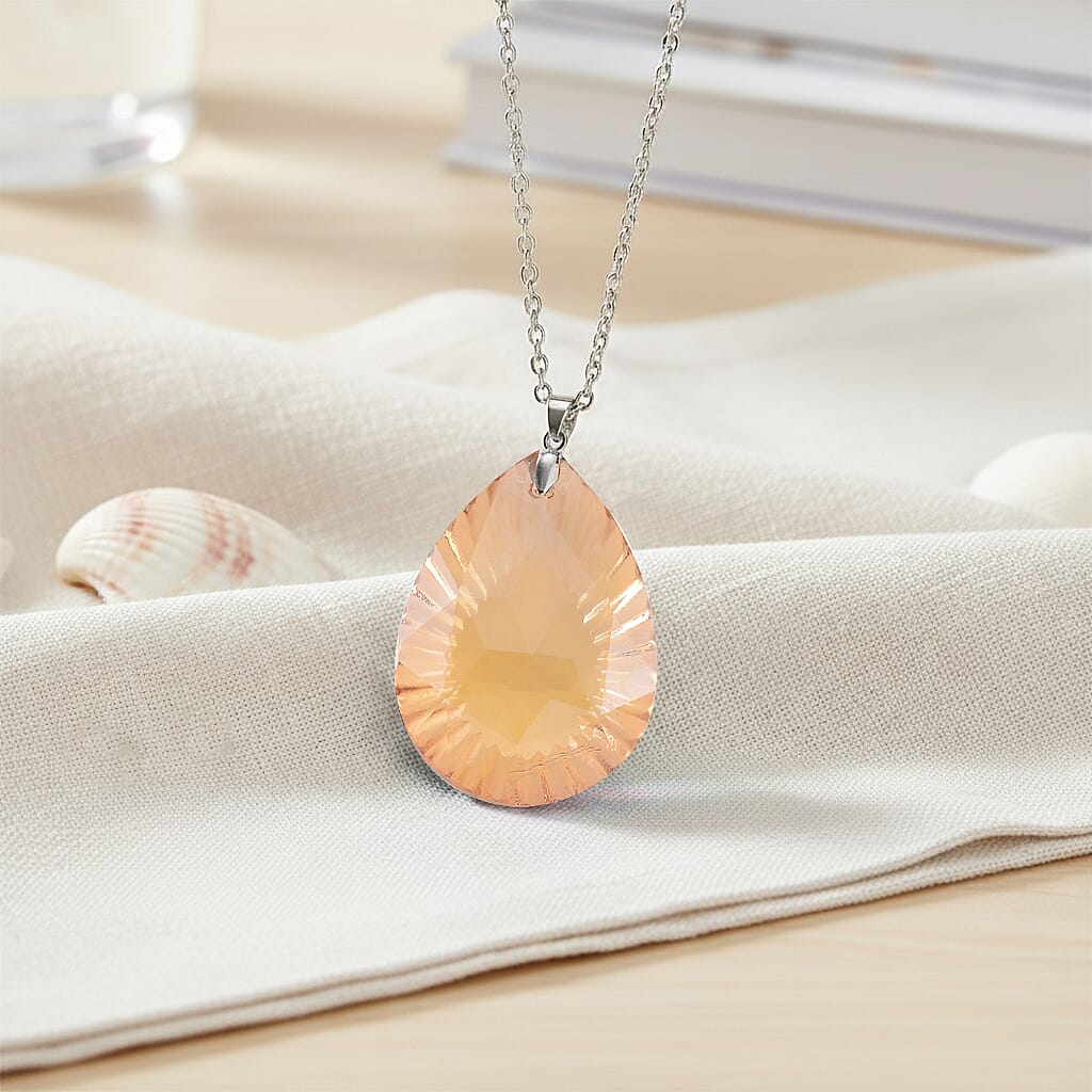 Champagne Color Crystal Pear Solitaire Pendant with Chain (Size 24) in Silver Tone