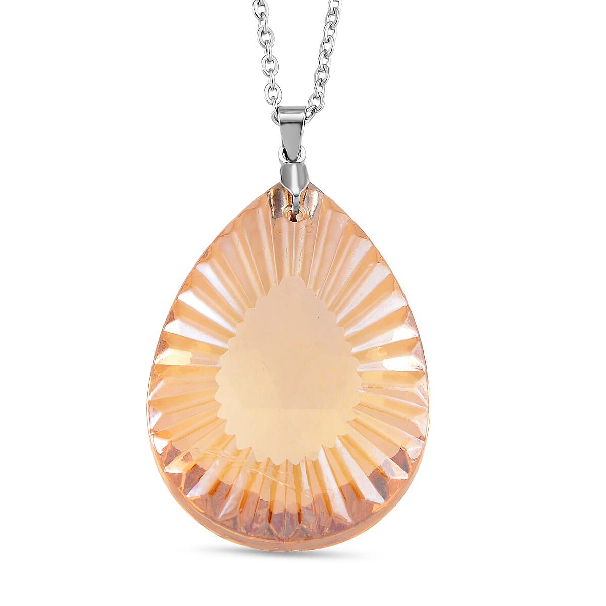 Champagne Color Crystal Pear Solitaire Pendant with Chain (Size 24) in Silver Tone
