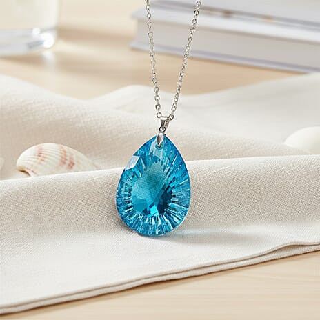 Light Blue Colour Crystal Teardrop Pendant with Chain (Size 24) in Silver Tone