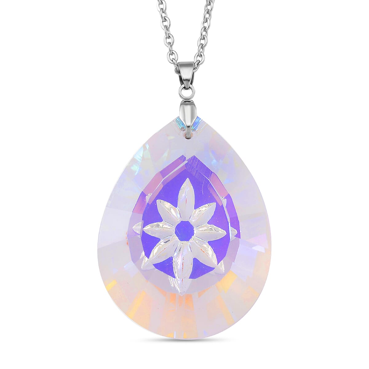White Magic Color Crystal Flower Pendant with Chain (Size 24) in Silver Tone