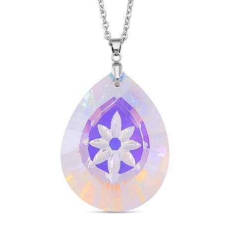 White Magic Color Crystal Flower Pendant with Chain (Size 24) in Silver Tone