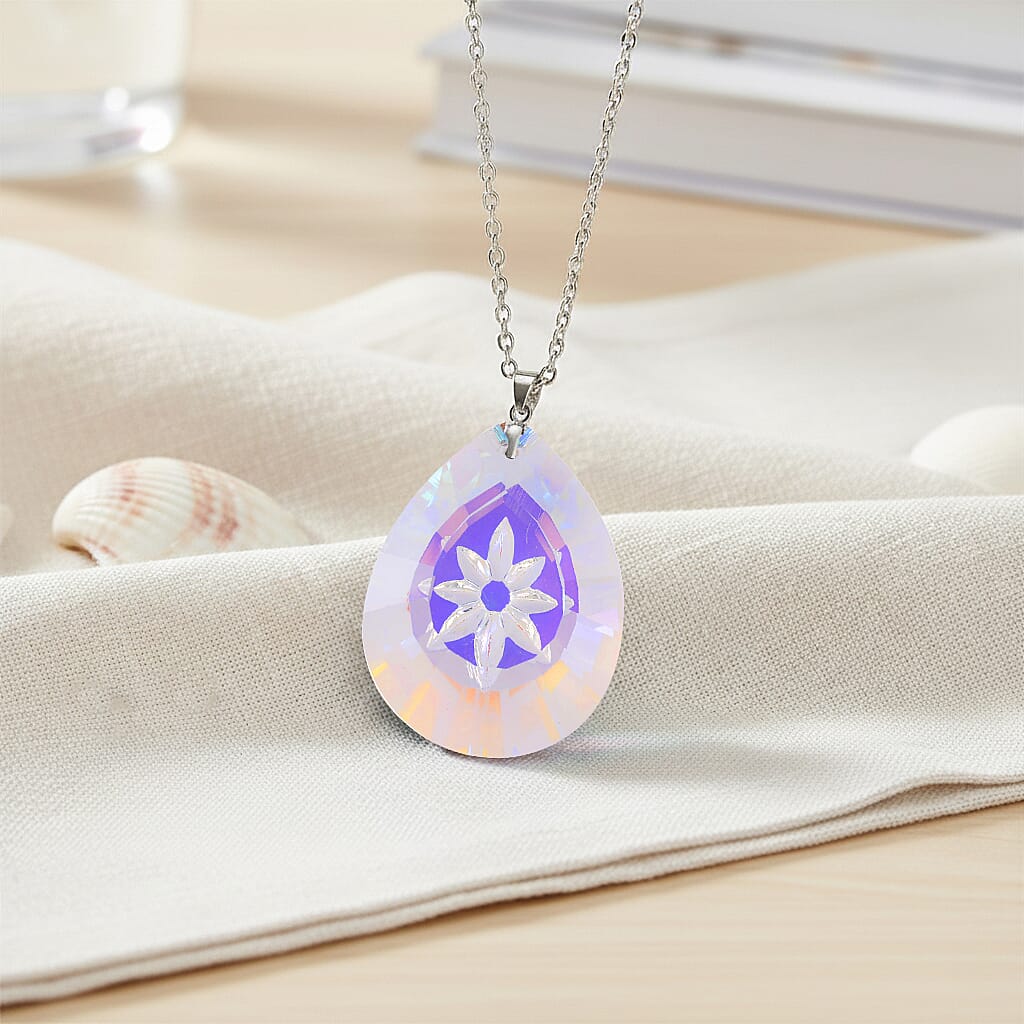 White Magic Color Crystal Flower Pendant with Chain (Size 24) in Silver Tone