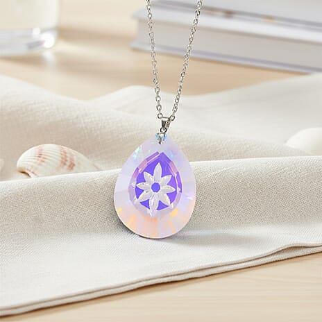 White Magic Colour Crystal Flower Pendant with Chain (Size 24) in Silver Tone