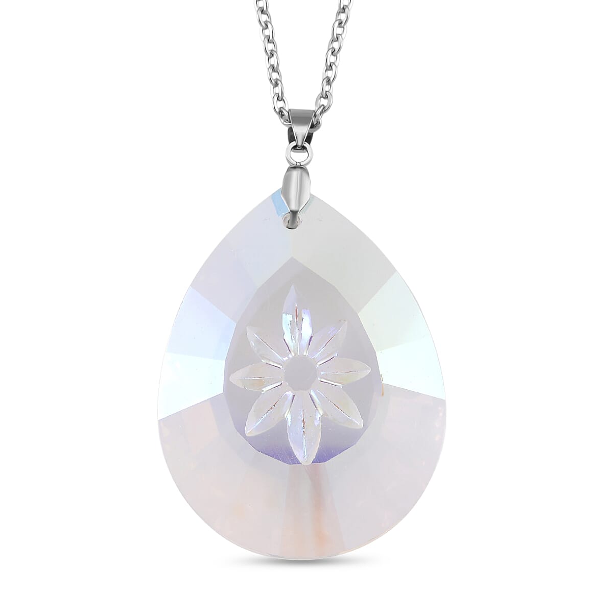 White Magic Color Crystal Flower Pendant with Chain (Size 24) in Silver Tone