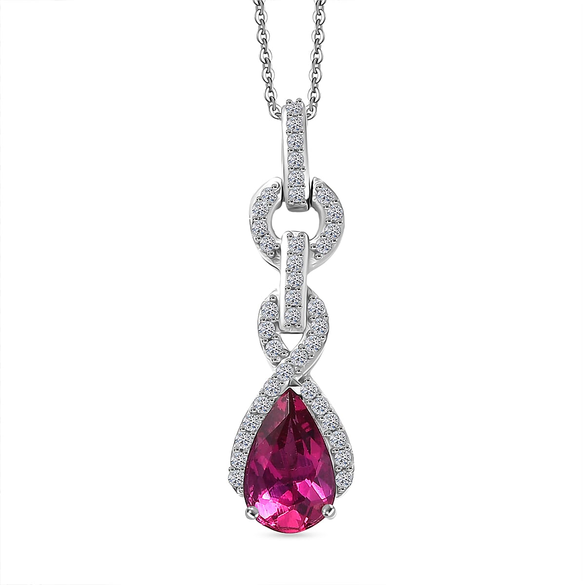 Luxuriant Lab Grown Bixbite & White Zircon Pendant with Chain (Size 20) in Rhodium Overlay Sterling Silver 1.00 Ct.