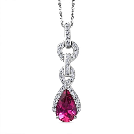 Luxuriant Lab Grown Bixbite & White Zircon Pendant with Chain (Size 20) in Rhodium Overlay Sterling Silver 1.00 Ct.