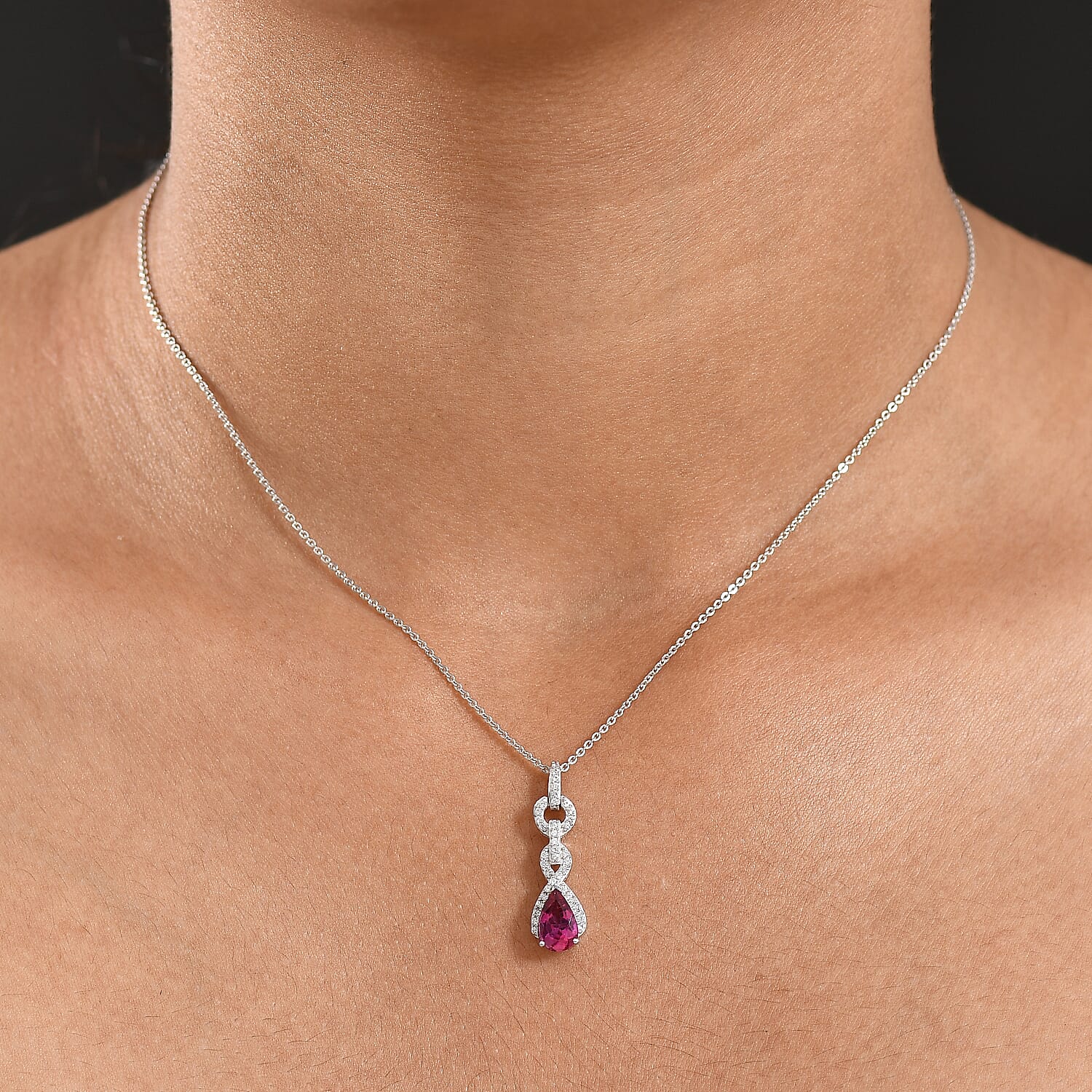 Luxuriant Lab Grown Bixbite & White Zircon Pendant with Chain (Size 20) in Rhodium Overlay Sterling Silver 1.00 Ct.