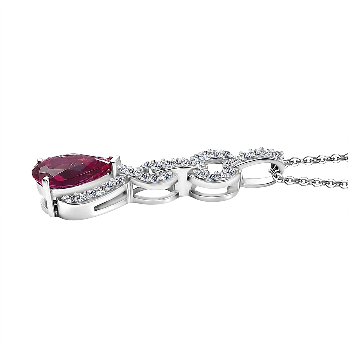Luxuriant Lab Grown Bixbite & White Zircon Pendant with Chain (Size 20) in Rhodium Overlay Sterling Silver 1.00 Ct.