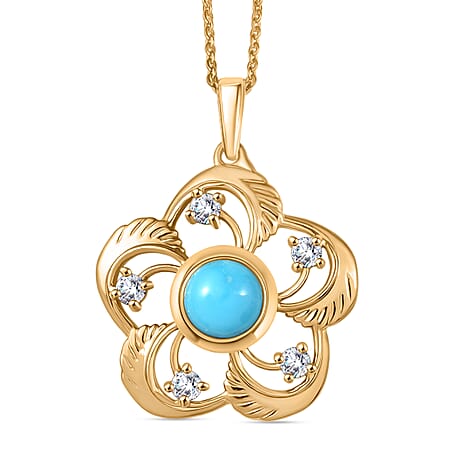 D'Joy Sleeping Beauty Turquoise & White Zircon Pendant with Chain (Size 20) in 18K Yellow Gold Plating Sterling Silver 1.57 Ct.