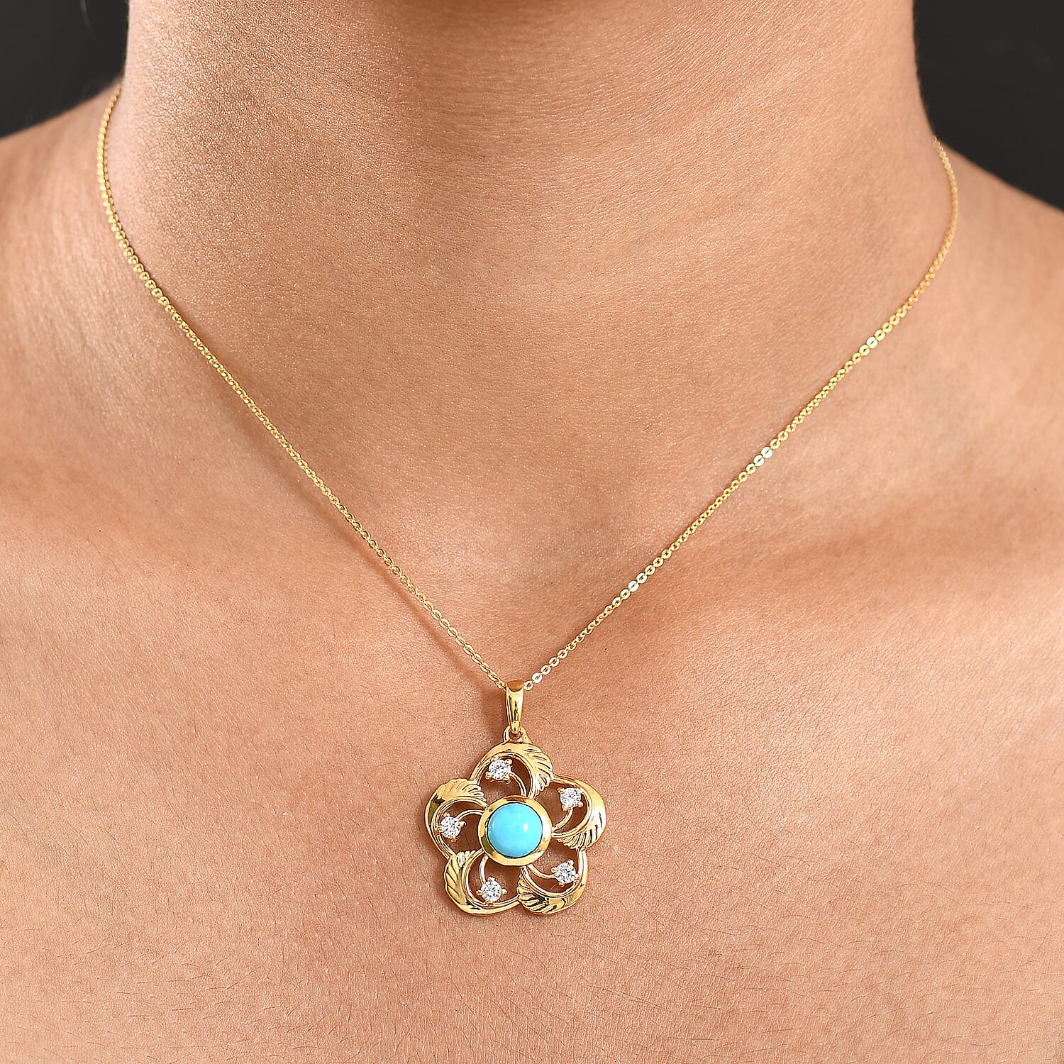 D'Joy Sleeping Beauty Turquoise & White Zircon Pendant with Chain (Size 20) in 18K Yellow Gold Plating Sterling Silver 1.57 Ct.