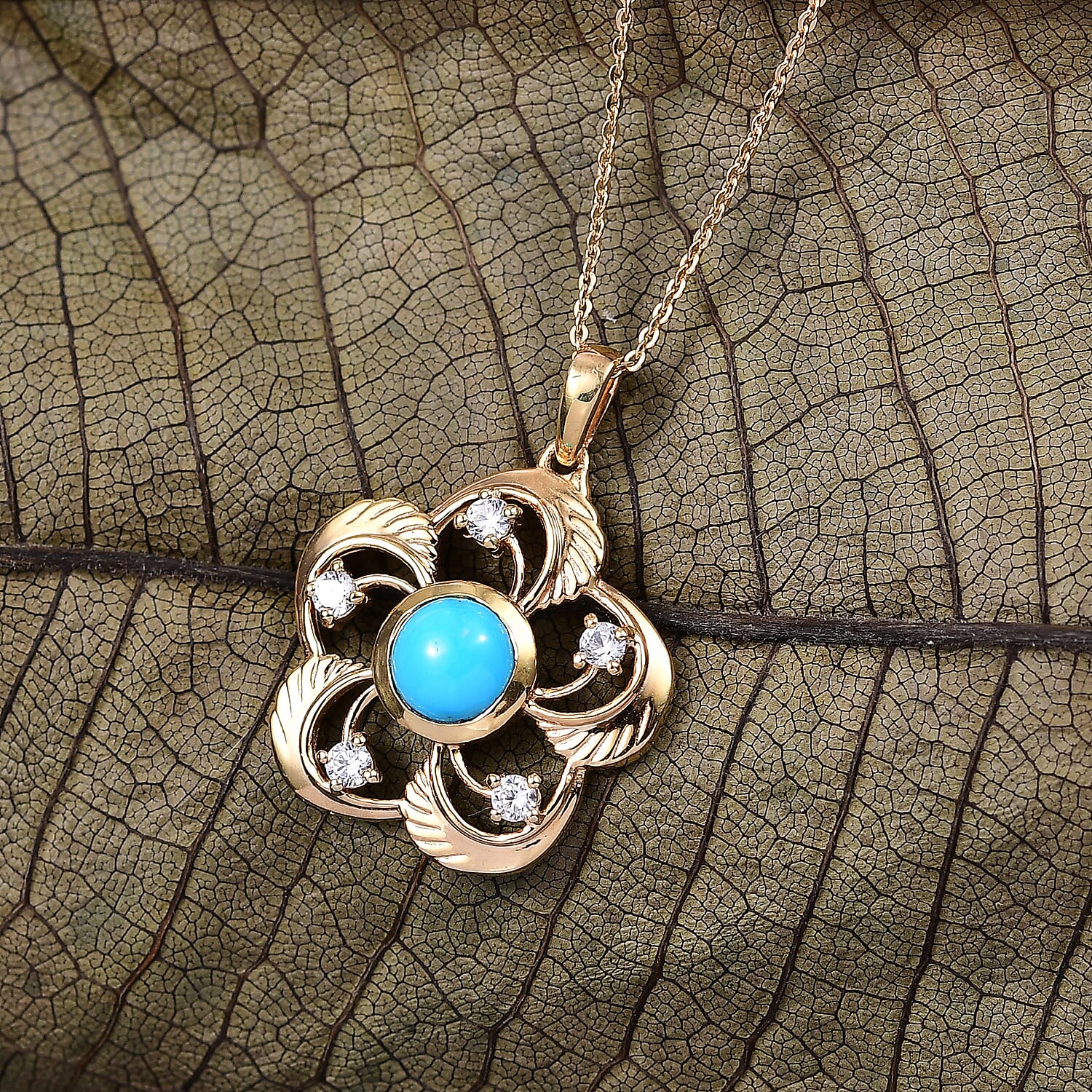 D'Joy Sleeping Beauty Turquoise & White Zircon Pendant with Chain (Size 20) in 18K Yellow Gold Plating Sterling Silver 1.57 Ct.