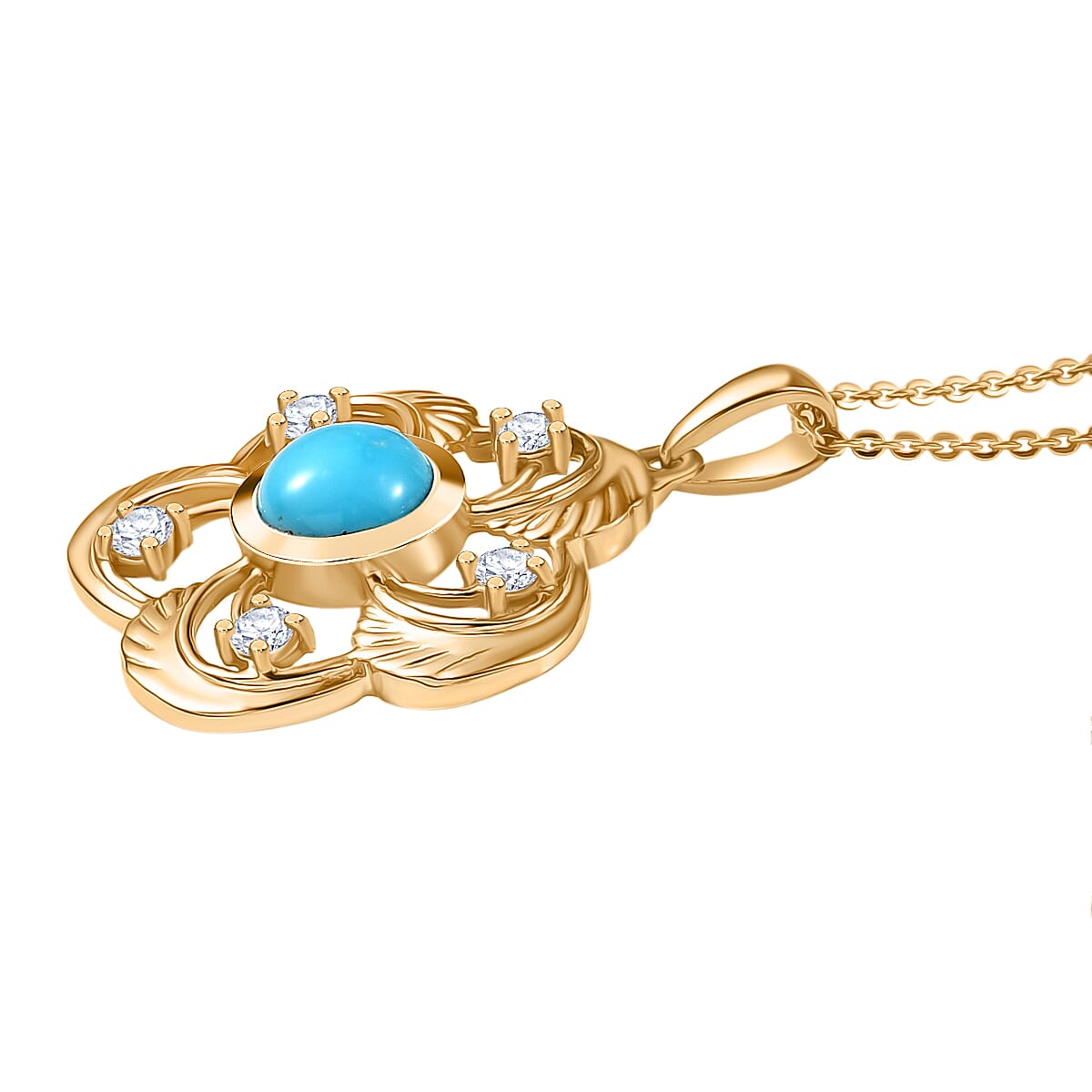 D'Joy Sleeping Beauty Turquoise & White Zircon Pendant with Chain (Size 20) in 18K Yellow Gold Plating Sterling Silver 1.57 Ct.