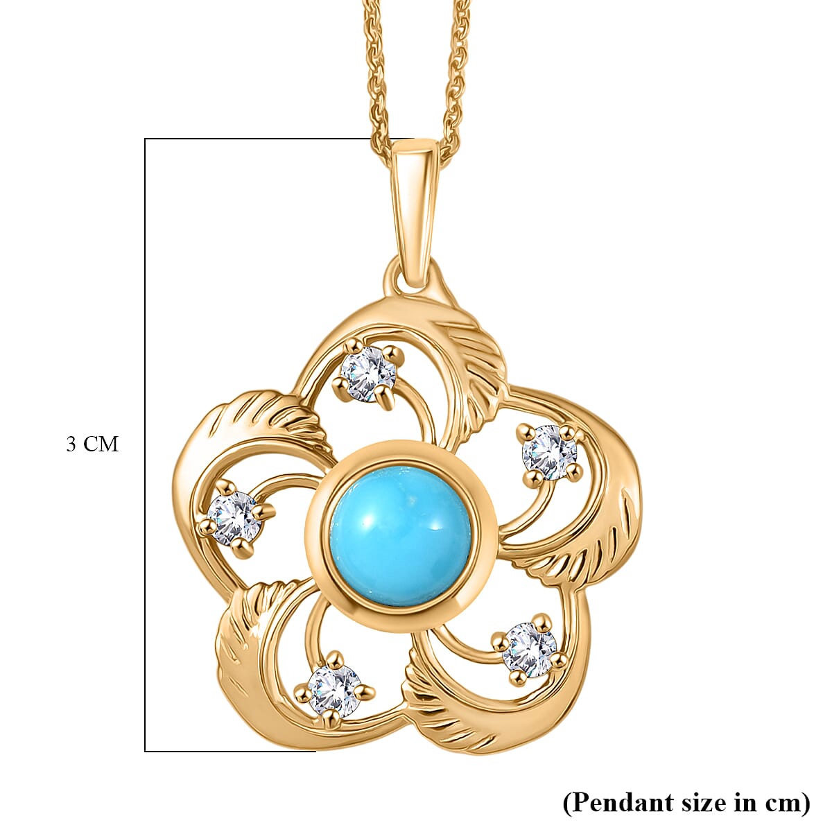 D'Joy Sleeping Beauty Turquoise & White Zircon Pendant with Chain (Size 20) in 18K Yellow Gold Plating Sterling Silver 1.57 Ct.