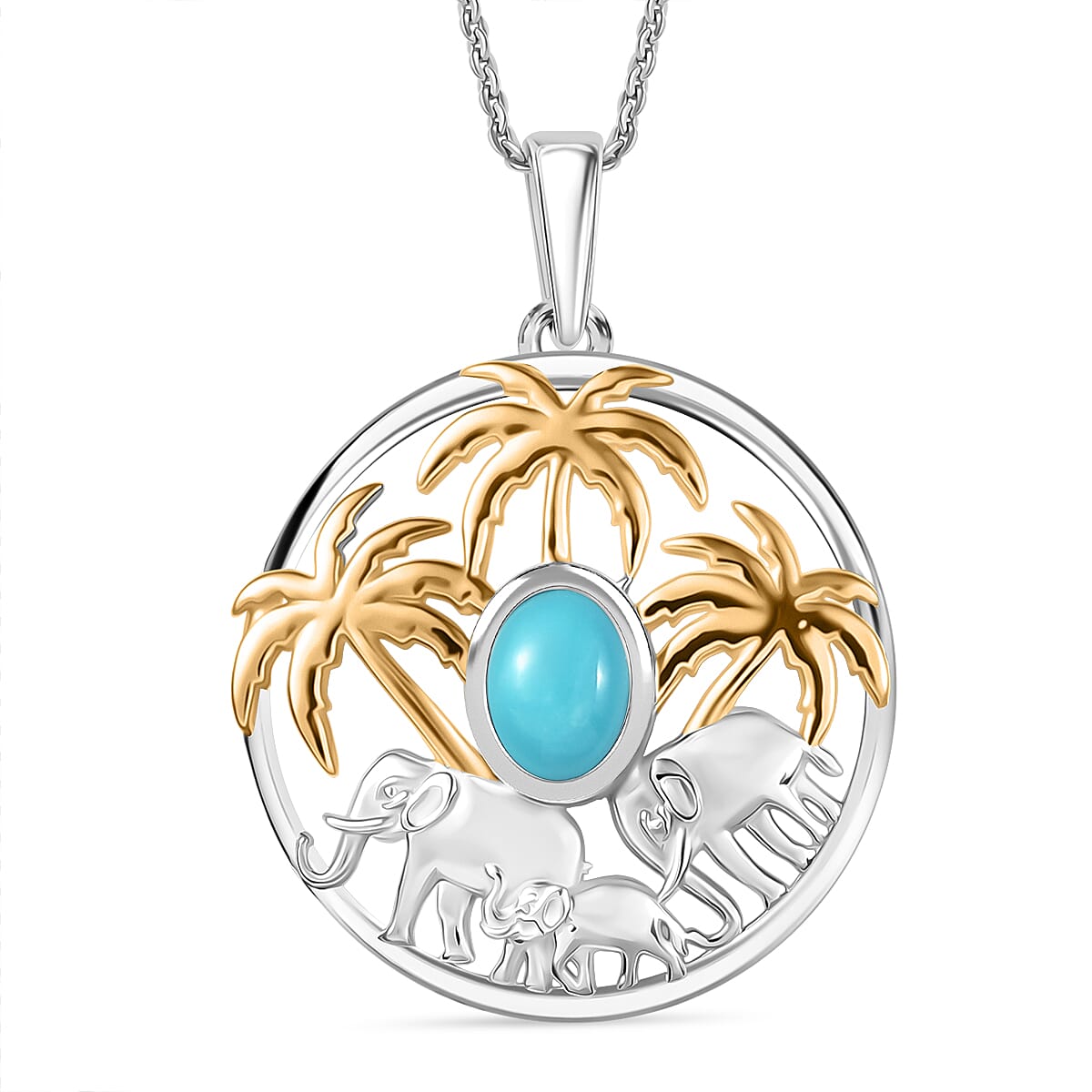 D'Joy Sleeping Beauty Turquoise Pendant with Chain (Size 20) in Platinum Overlay & Yellow Gold Plated Sterling Silver, Silver Wt. 5.03 Gms.