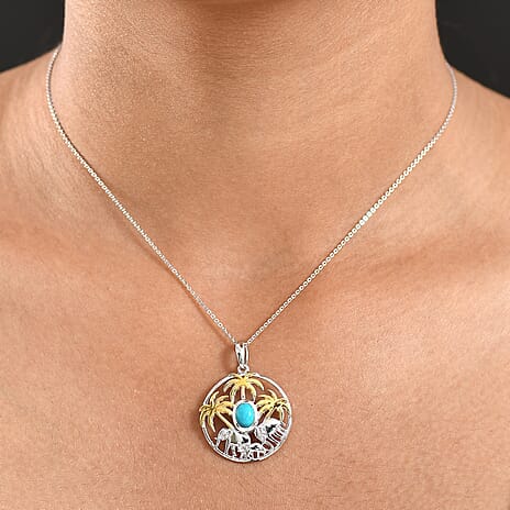 D'Joy Sleeping Beauty Turquoise Pendant with Chain (Size 20) in Platinum Overlay & Yellow Gold Plated Sterling Silver, Silver Wt. 5.03 Gms.