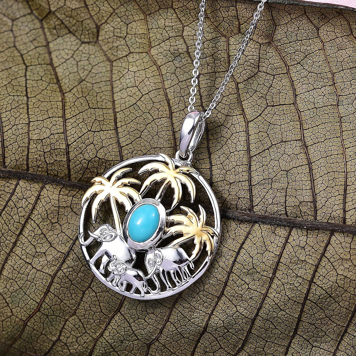 D'Joy Sleeping Beauty Turquoise Pendant with Chain (Size 20) in Platinum Overlay & Yellow Gold Plated Sterling Silver, Silver Wt. 5.03 Gms.