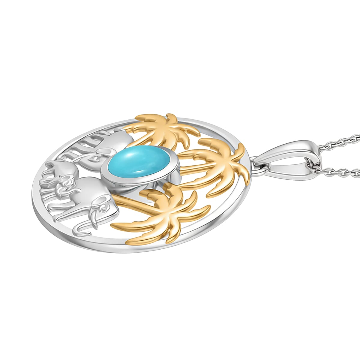 D'Joy Sleeping Beauty Turquoise Pendant with Chain (Size 20) in Platinum Overlay & Yellow Gold Plated Sterling Silver, Silver Wt. 5.03 Gms.