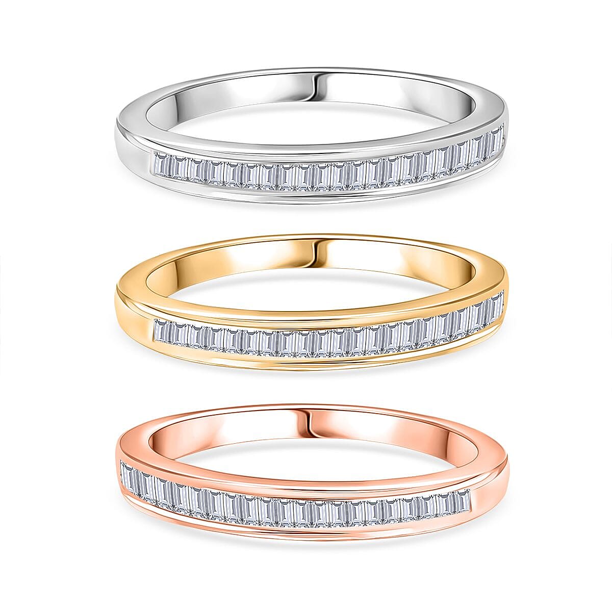 D'Joy Set of 3 - White Diamond Ring in Rhodium Overlay & 18K Vermeil Yellow & Rose Gold Plated Sterling Silver 0.51 Ct, Silver Wt. 5.54 Gms.
