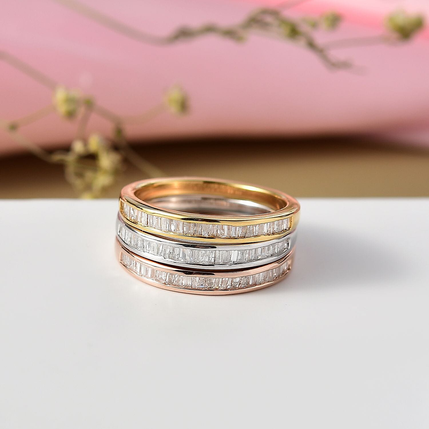 Set of 3 - White Diamond Ring in Rhodium Overlay and 18K YG Vermeil and 18K RG Vermeil Sterling Silver Wt. 5.1 Gms 0.510 Ct.