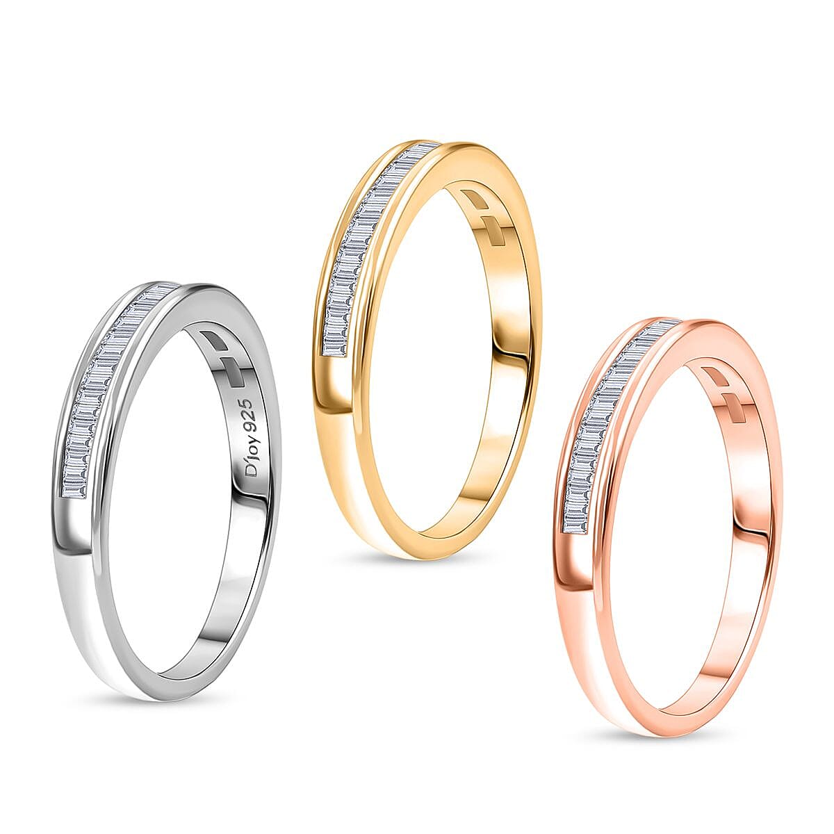 D'Joy Set of 3 - White Diamond Ring in Rhodium Overlay & 18K Vermeil Yellow & Rose Gold Plated Sterling Silver 0.51 Ct, Silver Wt. 5.54 Gms.