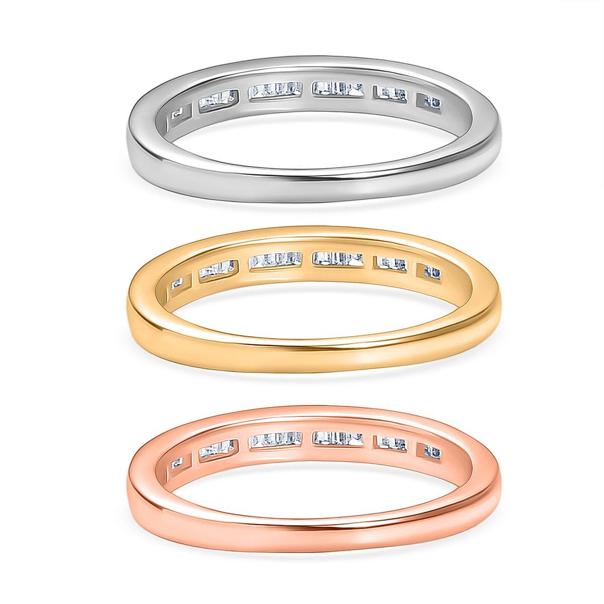 D'Joy Set of 3 - White Diamond Ring in Rhodium Overlay & 18K Vermeil Yellow & Rose Gold Plated Sterling Silver 0.51 Ct, Silver Wt. 5.54 Gms.