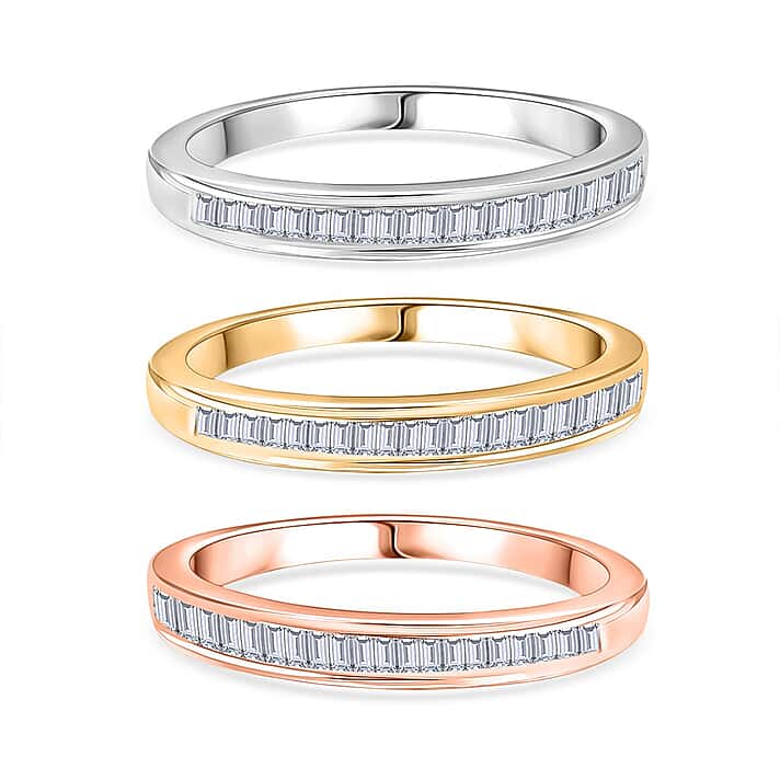 D'Joy Set of 3 - White Natural Diamond Stackable Ring in Rhodium Overlay and 18K Vermeil Yellow and Rose Gold Plated Sterling Silver 0.51 Ct
