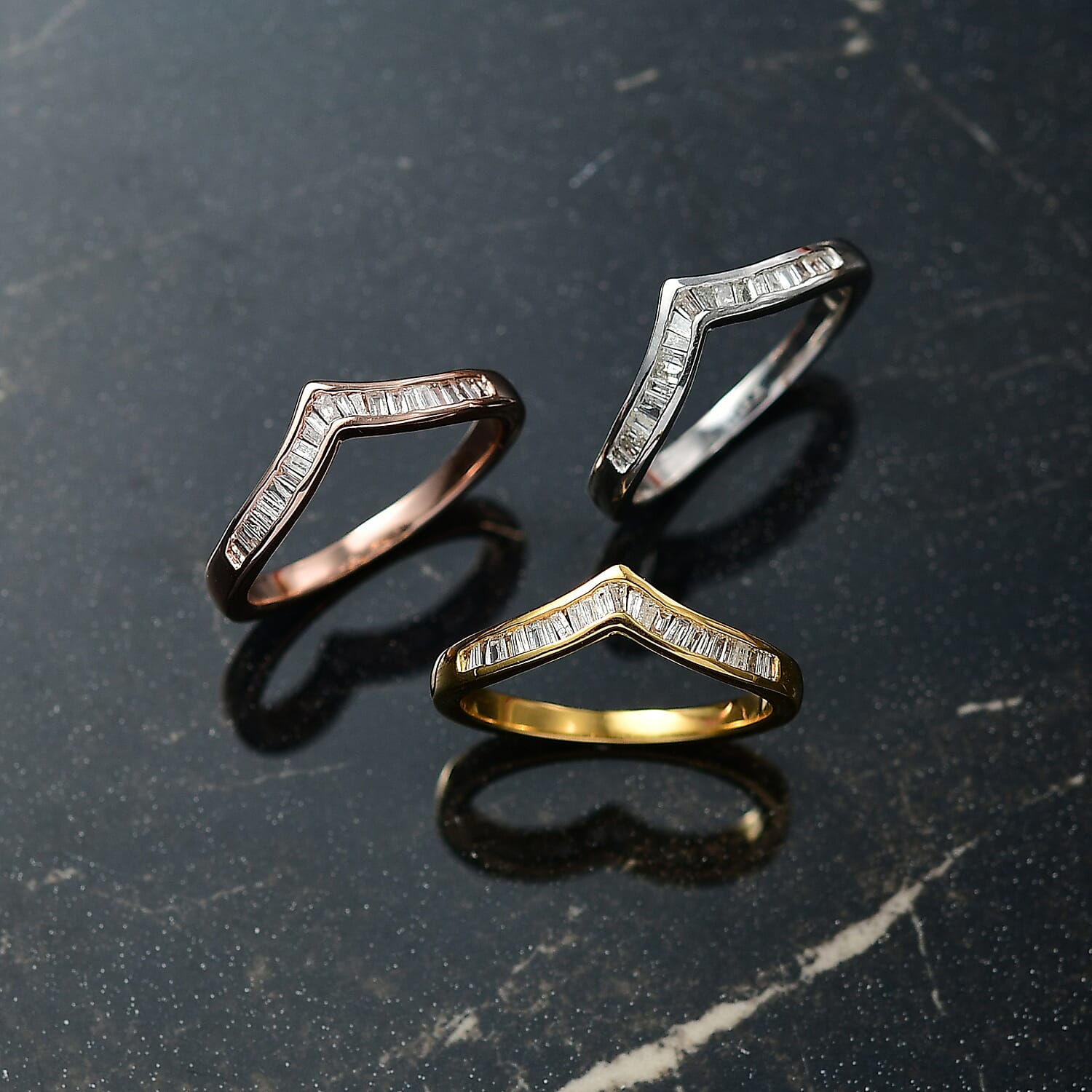 Set of 3 - White Diamond Ring in Rhodium Overlay and 18K YG Vermeil and 18K RG Vermeil Sterling Silver 0.42 ct Silver Wt. 5.4 Gms 0.540 Ct.