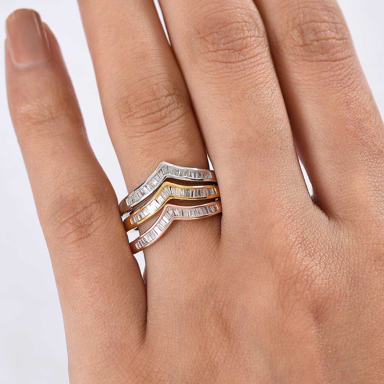 Set of 3 -  D'Joy White Diamond Ring in Rhodium Overlay and 18K Yellow Gold Vermeil and 18K Rose Gold Vermeil Sterling Silver 0.50 Ct.