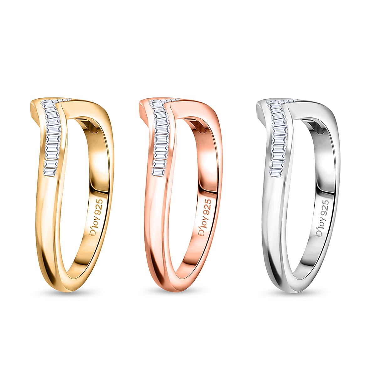 Set of 3 -  D'Joy White Diamond Ring in Rhodium Overlay and 18K Yellow Gold Vermeil and 18K Rose Gold Vermeil Sterling Silver 0.50 Ct.