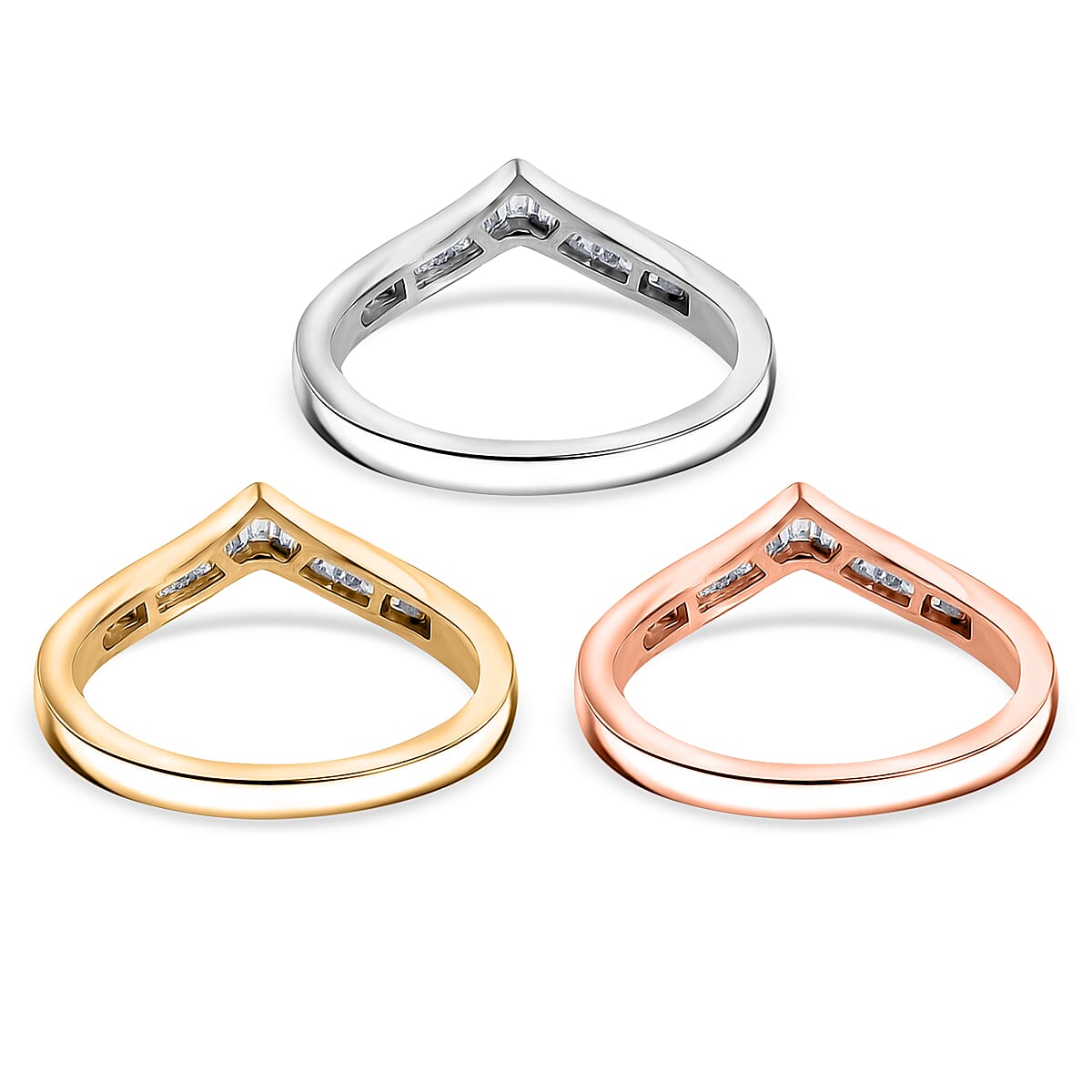 Set of 3 -  D'Joy White Diamond Ring in Rhodium Overlay and 18K Yellow Gold Vermeil and 18K Rose Gold Vermeil Sterling Silver 0.50 Ct.