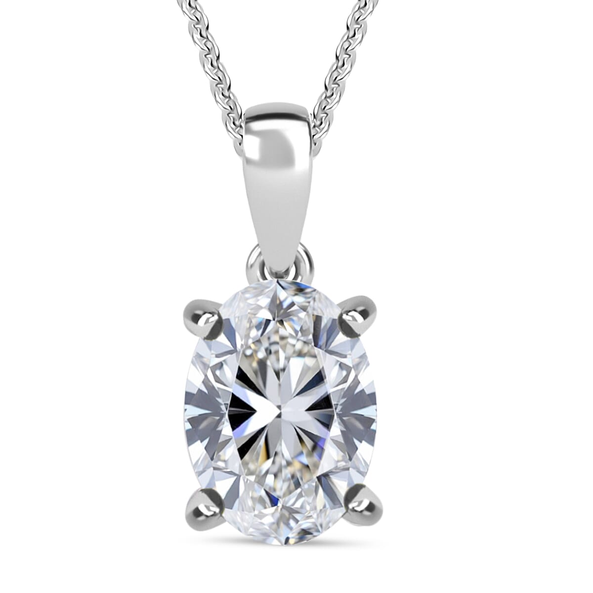 Luxuriant Oval Cut Lab Grown Diamond (SI-GH) Pendant with Chain (Size 18 - 2 Ext) in Rhodium Overlay Sterling Silver 1.00 Ct.