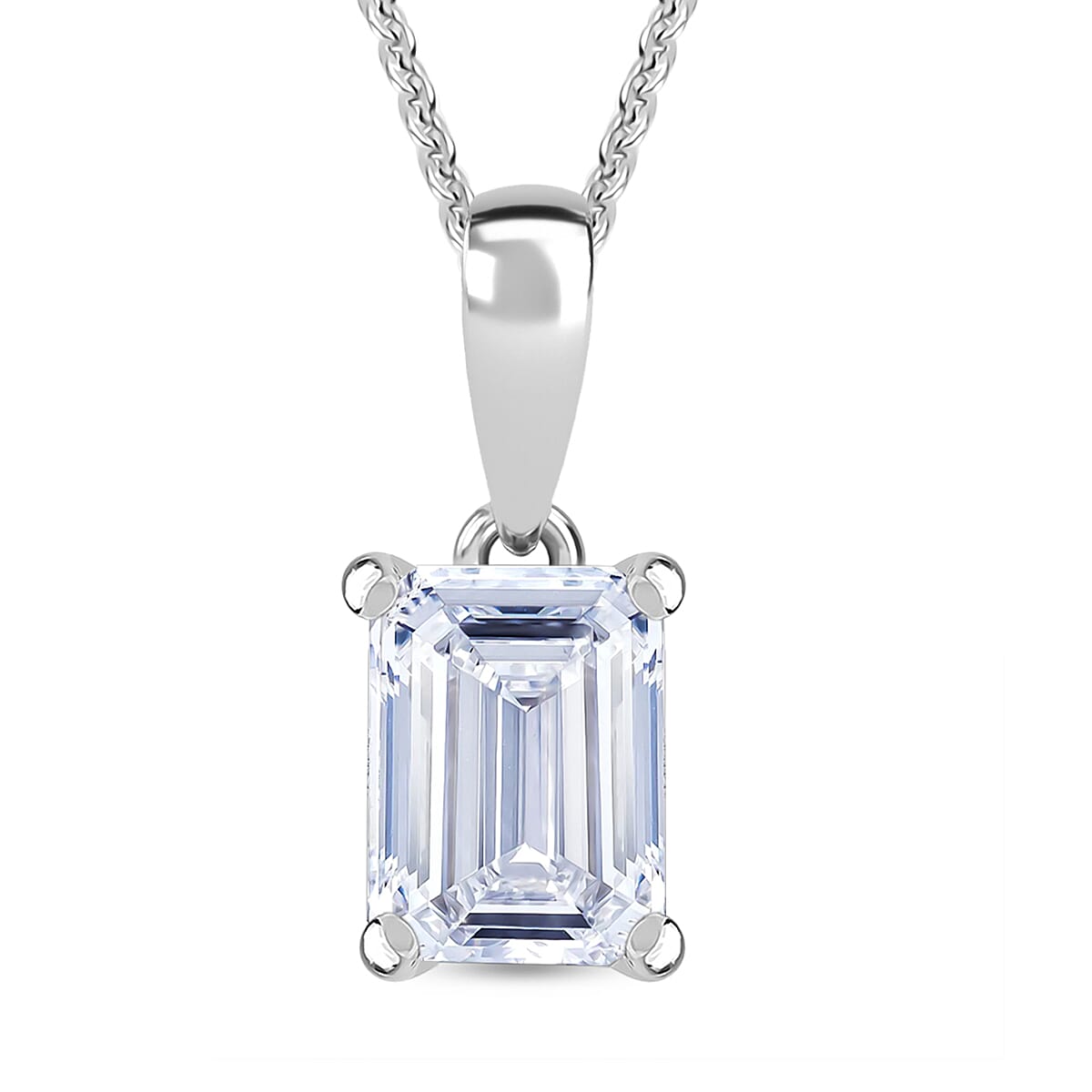 Luxuriant Emerald Cut Lab Grown Diamond (SI-GH) Pendant with Chain (Size 18 - 2 Ext) in Rhodium Overlay Sterling Silver 1.00 Ct.