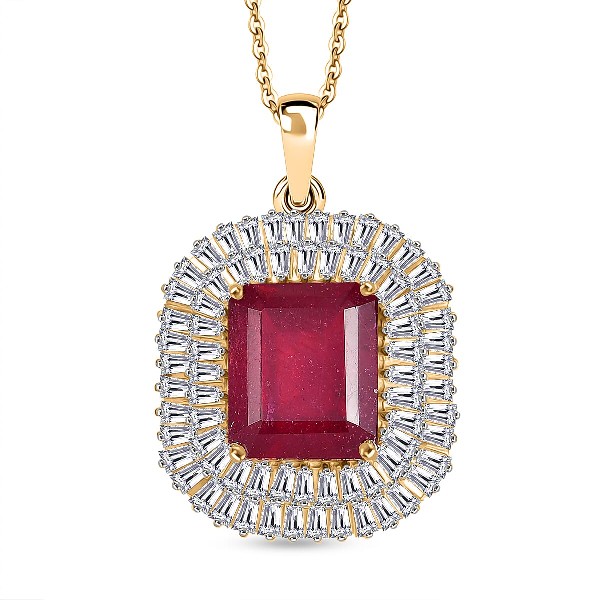 D'Joy African Ruby & Moissanite Pendant with Chain (Size 20) in 18K Vermeil Yellow Gold Plated Sterling Silver 11.99 Ct.