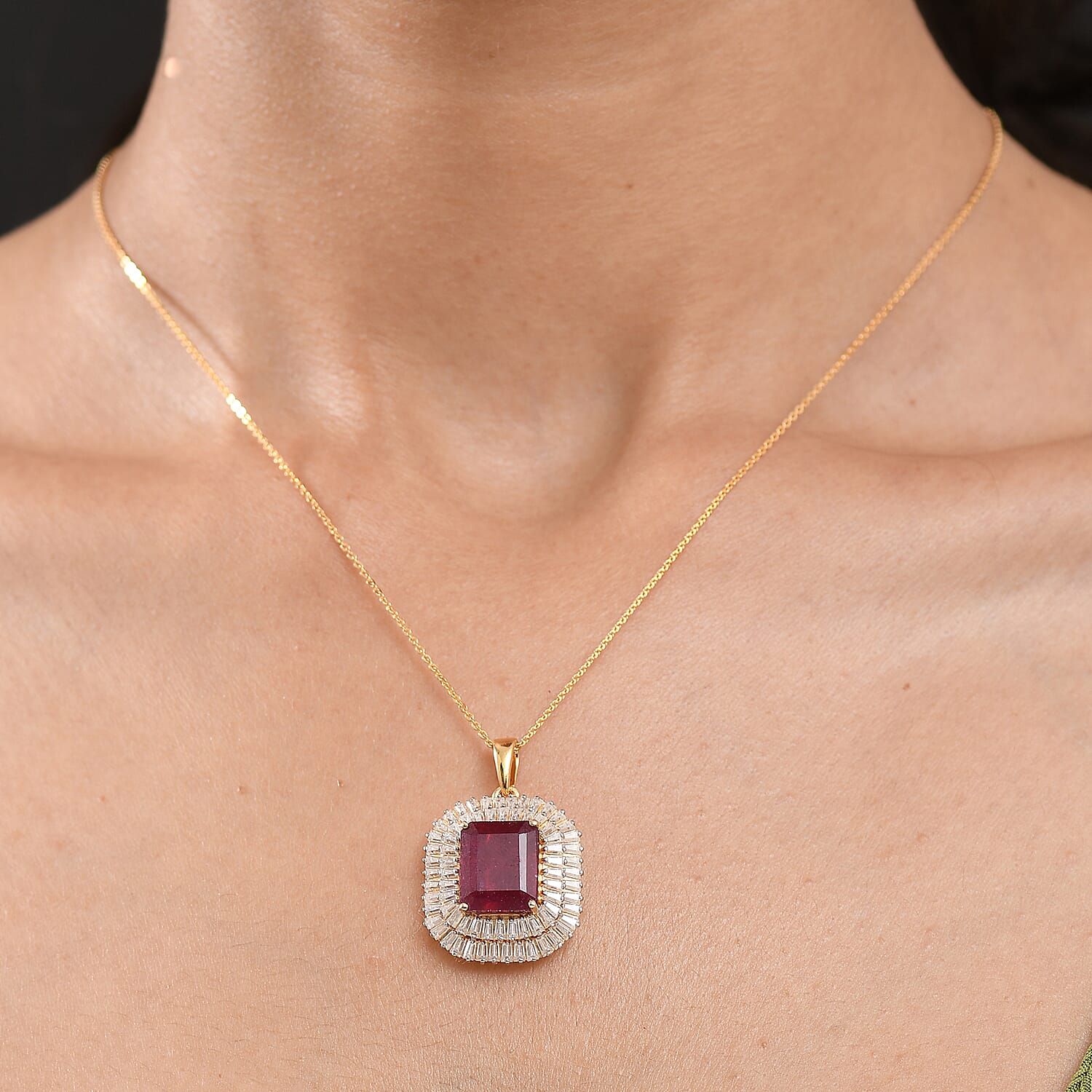 D'Joy African Ruby & Moissanite Pendant with Chain (Size 20) in 18K Vermeil Yellow Gold Plated Sterling Silver 11.99 Ct.