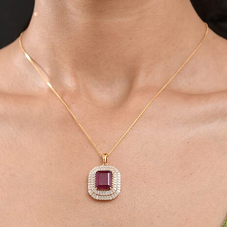 D'Joy African Ruby & Moissanite Pendant with Chain (Size 20) in 18K Vermeil Yellow Gold Plated Sterling Silver 11.99 Ct.