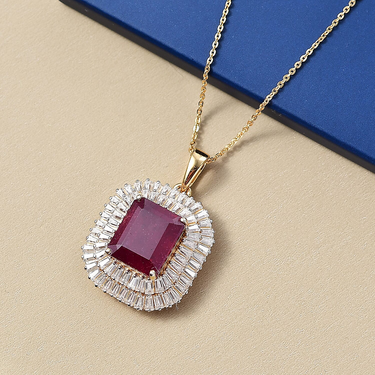 D'Joy African Ruby & Moissanite Pendant with Chain (Size 20) in 18K Vermeil Yellow Gold Plated Sterling Silver 11.99 Ct.