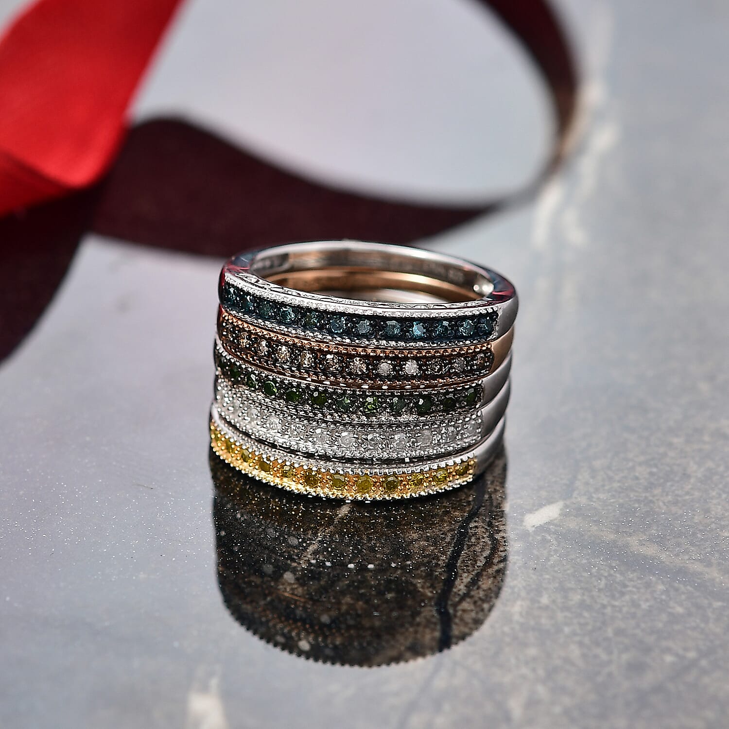 Set of 5 - Champagne Diamond Green Diamond Yellow Diamond White Diamond Blue Diamond Ring in Rhodium Overlay Sterling Silver Wt. 9 Gms 0.500 Ct.