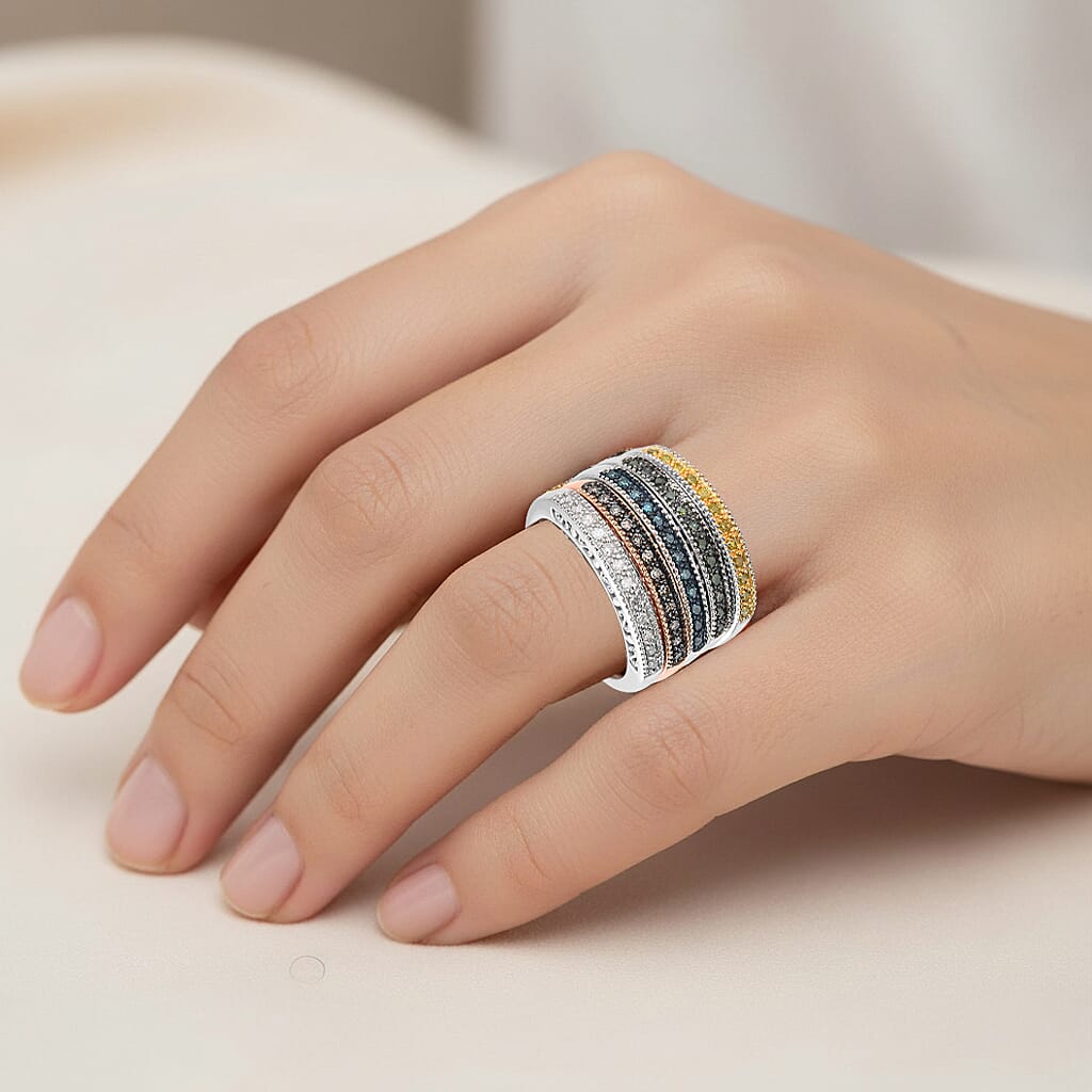 Set of 5 -  D'Joy Champagne Diamond, Green Diamond, Yellow Diamond, White Diamond & Blue Diamond Half Eternity Stackable Ring in Sterling Silver 0.50 Ct, Silver  Wt. 8.10