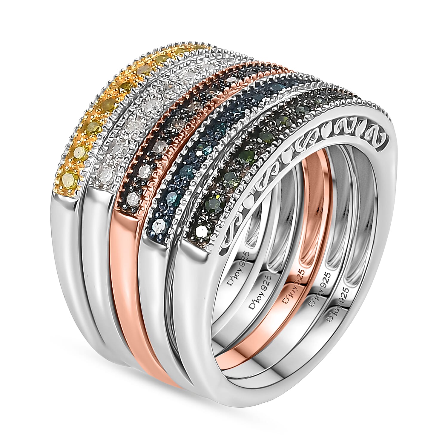 Set of 5 -  D'Joy Champagne Diamond, Green Diamond, Yellow Diamond, White Diamond & Blue Diamond Half Eternity Stackable Ring in Sterling Silver 0.50 Ct, Silver  Wt. 8.10