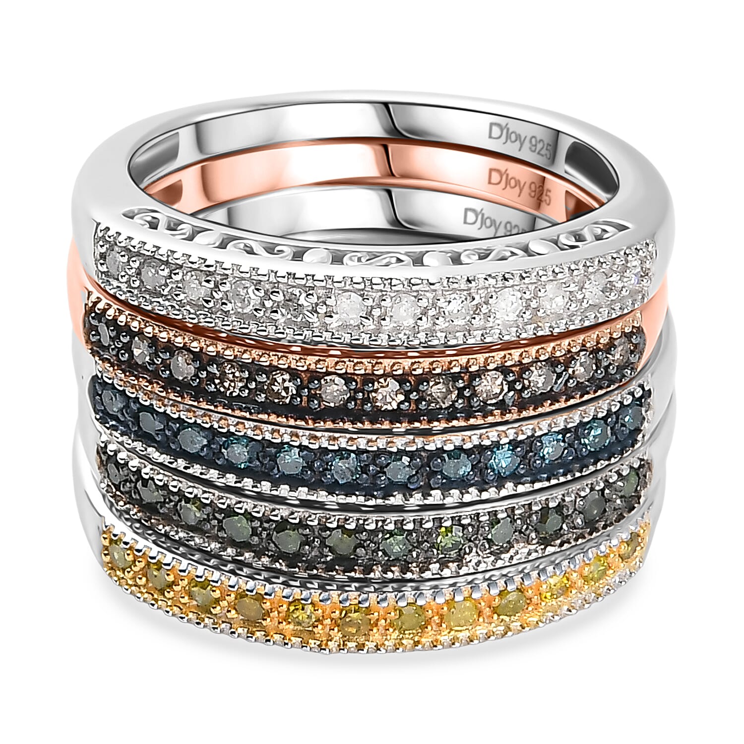 Set Of 5 â€“ Multi Colour Diamond Half Eternity Stackable Rings in 18K Vermeil Yellow Gold and Rose Gold Plated and Plating Overlay Sterling Silver 0.50 Ct.