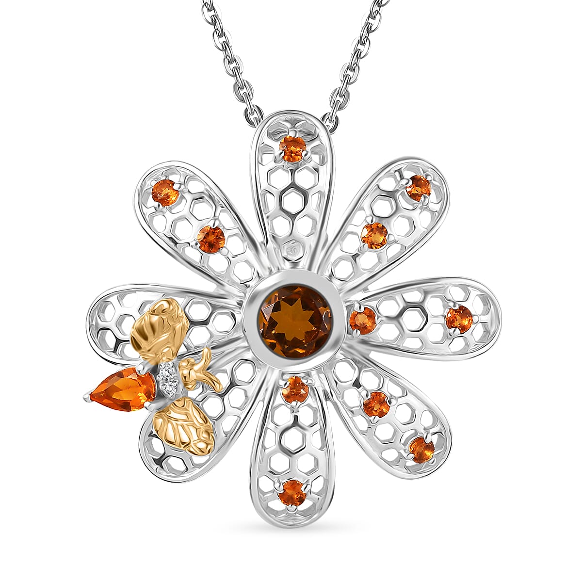 GP Italian Garden Collection - Madeira Citrine, Fire Opal, Blue Sapphire & White Zircon Flower Pendant with Chain (Size 20) in Rhodium Overlay Sterling Silver 1.64 Ct, Silver Wt. 7.92 Gms.