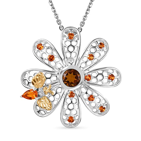 GP Italian Garden Collection - Madeira Citrine, Fire Opal, Blue Sapphire & White Zircon Flower Pendant with Chain (Size 20) in Rhodium Overlay Sterling Silver 1.64 Ct, Silver Wt. 7.92 Gms.