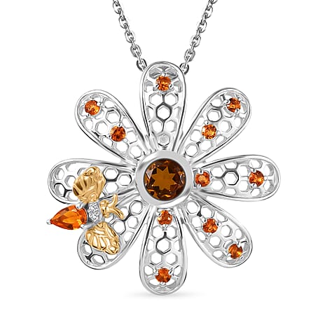 GP Italian Garden Collection - Madeira Citrine, Fire Opal, Blue Sapphire & White Zircon Flower Pendant with Chain (Size 20) in Rhodium Overlay Sterling Silver 1.64 Ct, Silver Wt. 7.92 Gms.