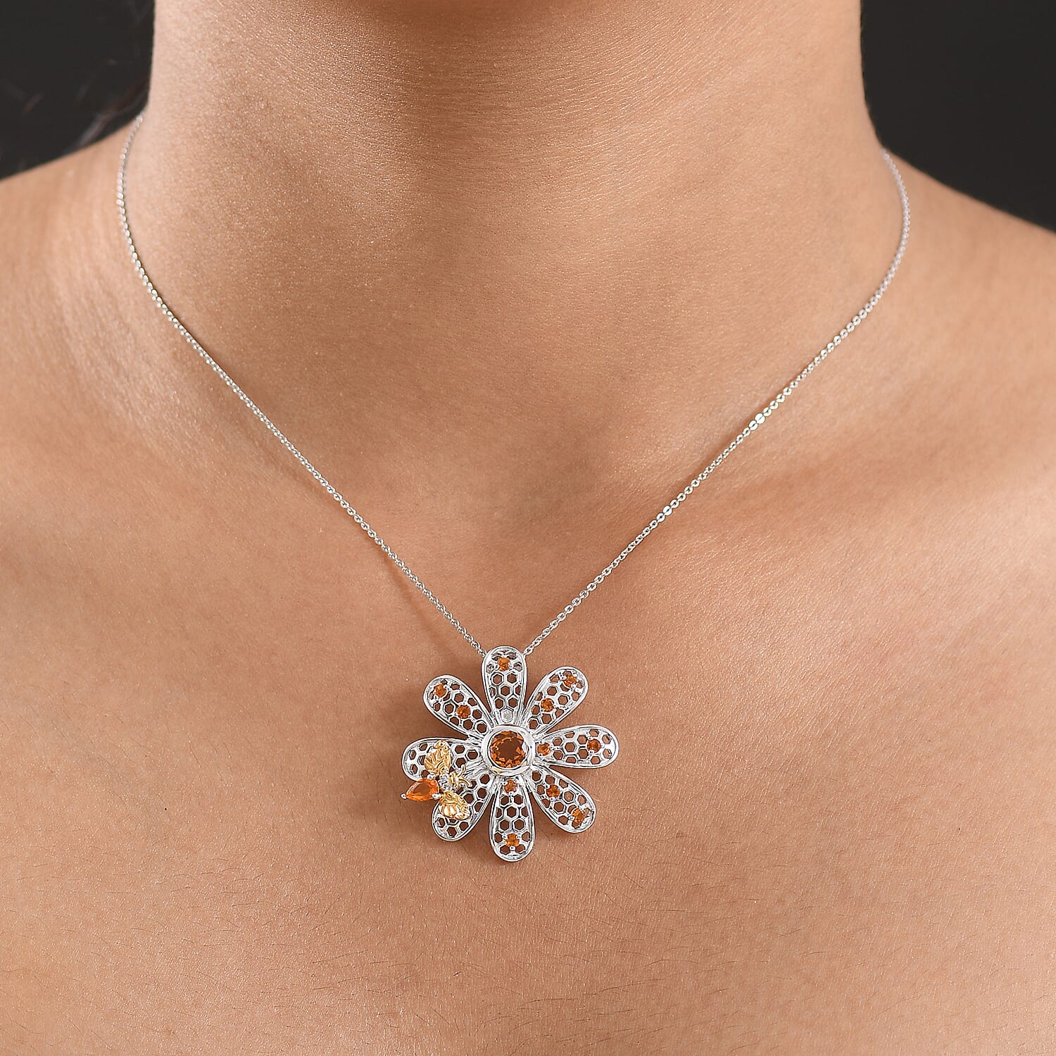 GP Italian Garden Collection - Madeira Citrine, Fire Opal, Blue Sapphire & White Zircon Flower Pendant with Chain (Size 20) in Rhodium Overlay Sterling Silver 1.64 Ct, Silver Wt. 7.92 Gms.