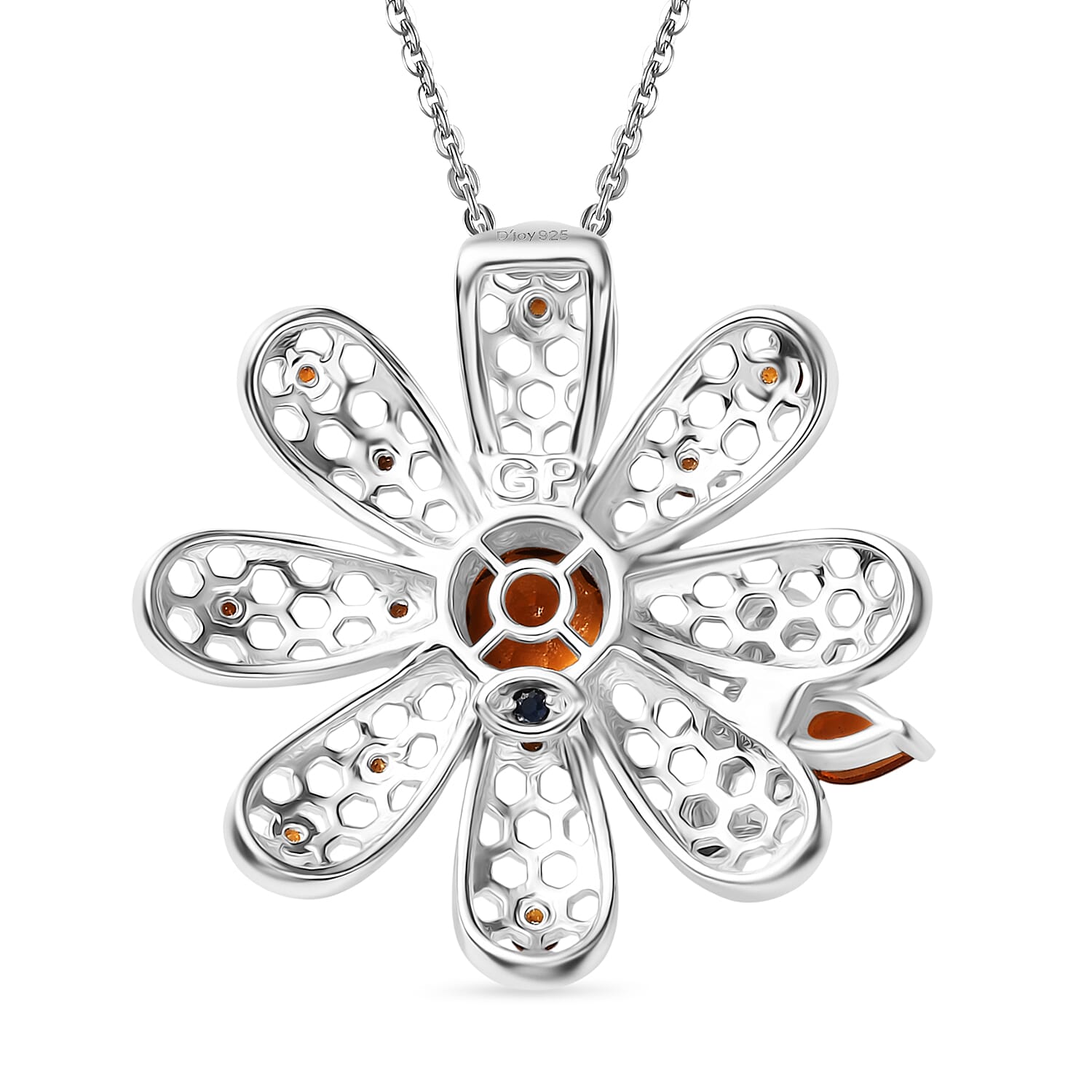 GP Italian Garden Collection - Madeira Citrine, Fire Opal, Blue Sapphire & White Zircon Flower Pendant with Chain (Size 20) in Rhodium Overlay Sterling Silver 1.64 Ct, Silver Wt. 7.92 Gms.