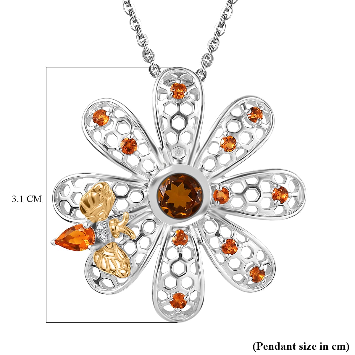 GP Italian Garden Collection - Madeira Citrine, Fire Opal, Blue Sapphire & White Zircon Flower Pendant with Chain (Size 20) in Rhodium Overlay Sterling Silver 1.64 Ct, Silver Wt. 7.92 Gms.