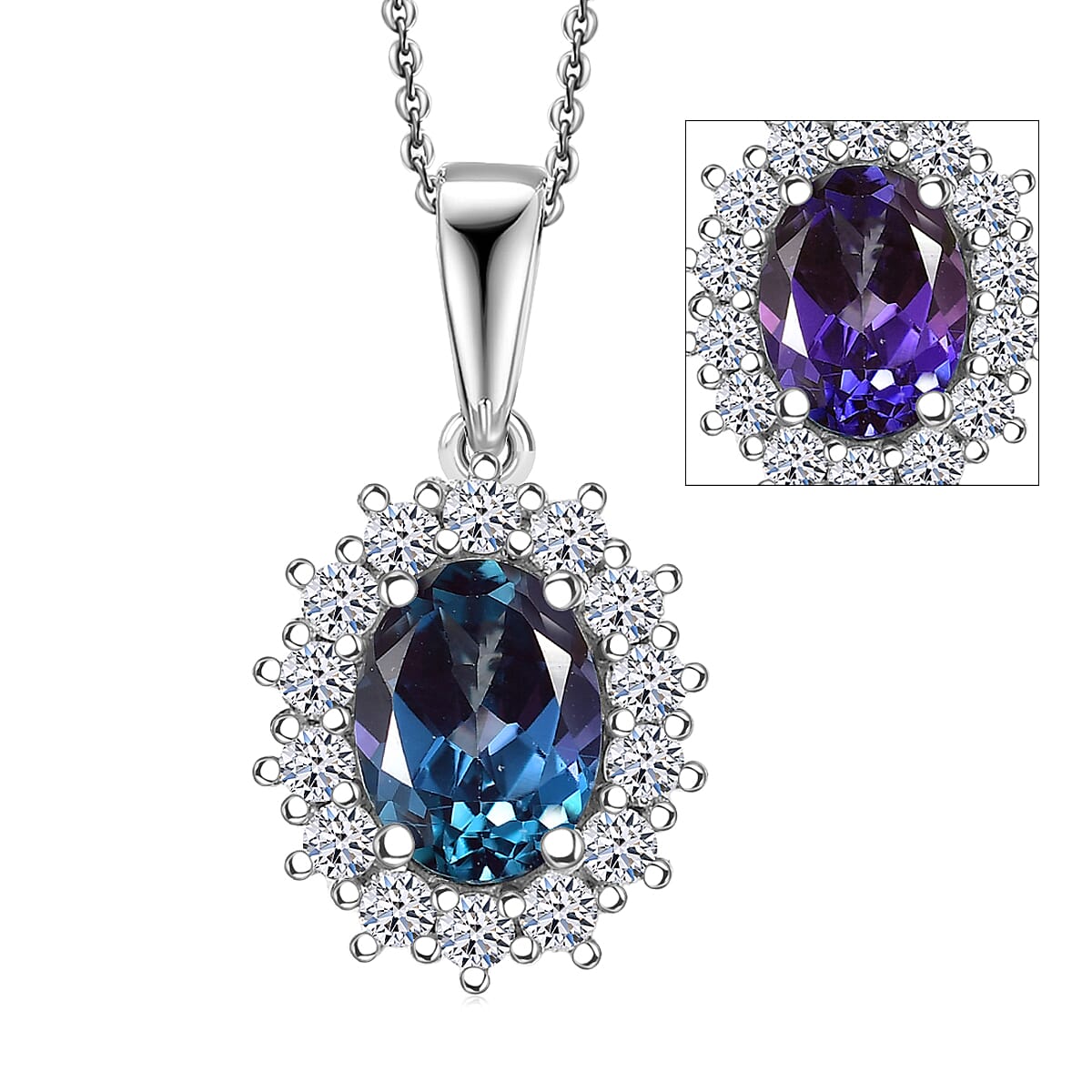 Luxuriant Lab Grown Alexandrite & Lab Grown Diamond Pendant with Chain (Size 20) in Rhodium Overlay Sterling Silver 1.96 Ct.