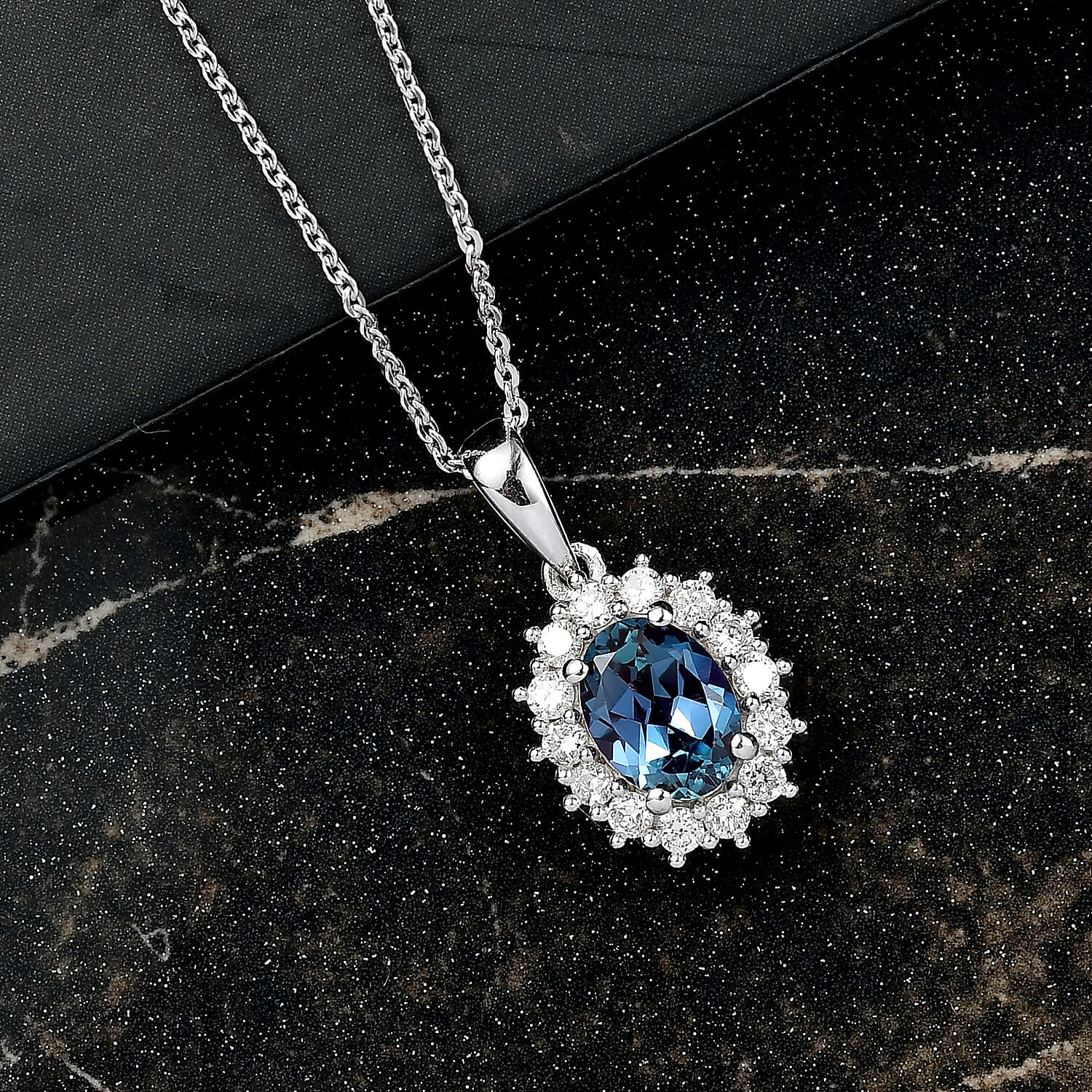 Luxuriant Lab Grown Alexandrite & Lab Grown Diamond Pendant with Chain (Size 20) in Rhodium Overlay Sterling Silver 1.96 Ct.