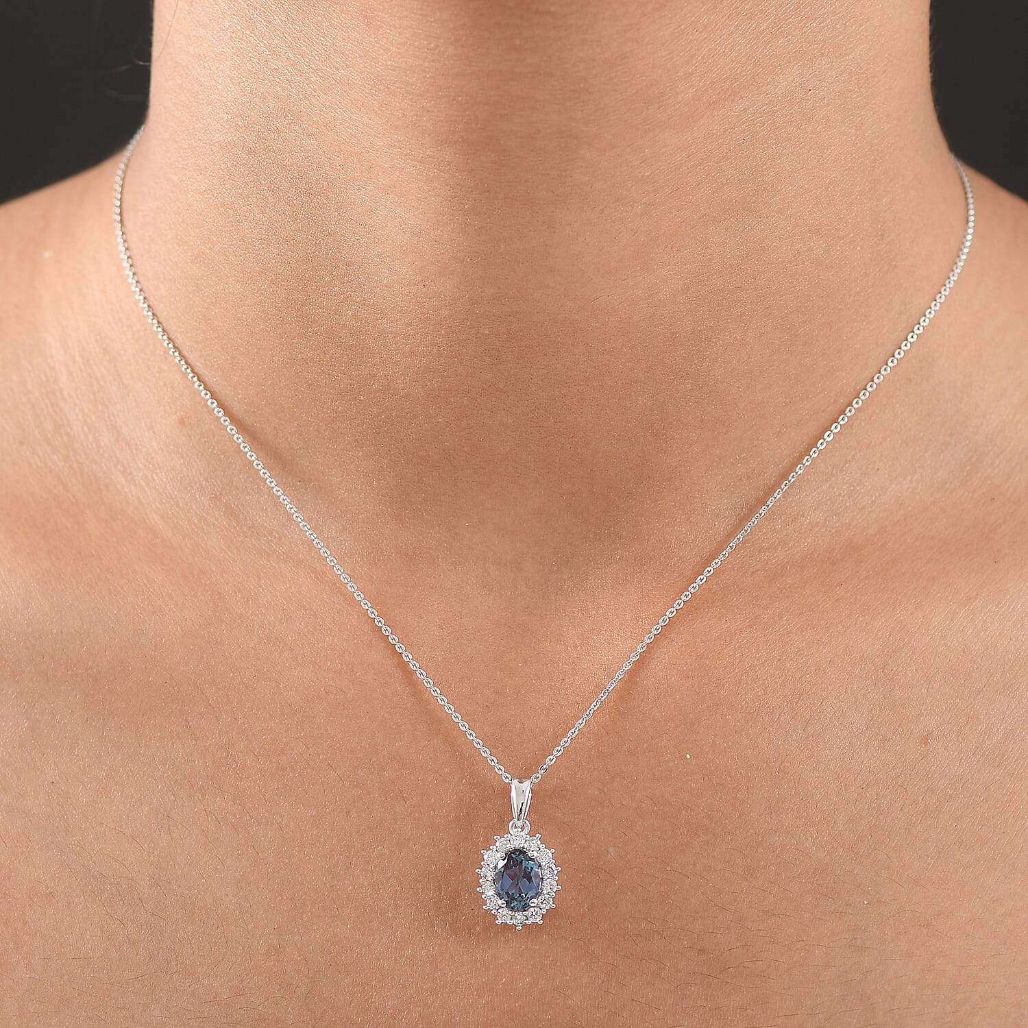 Luxuriant Lab Grown Alexandrite & Lab Grown Diamond Pendant with Chain (Size 20) in Rhodium Overlay Sterling Silver 1.96 Ct.